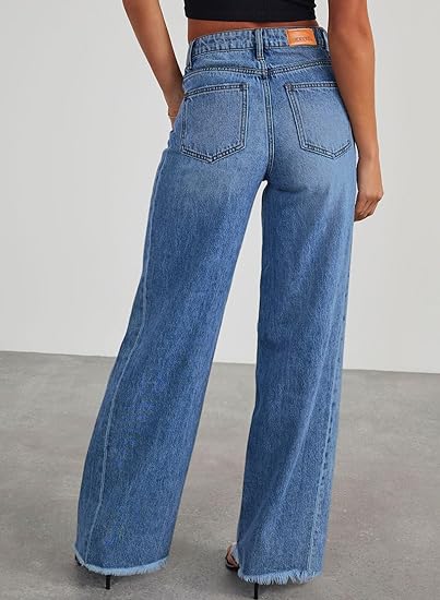 EMMIOL Women's 2026 Wide Leg Jeans Distress Mid Waist Stretchy Denim Pants Y2K Trousers Clothing